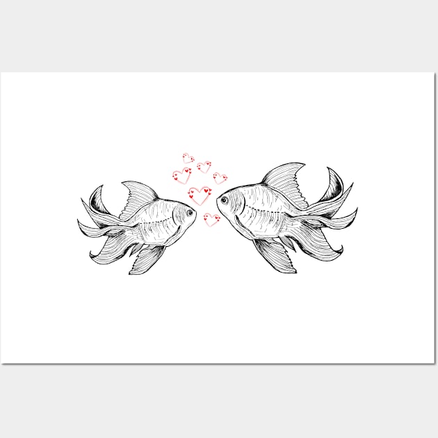 Hand drawn fish in love Wall Art by jitkaegressy